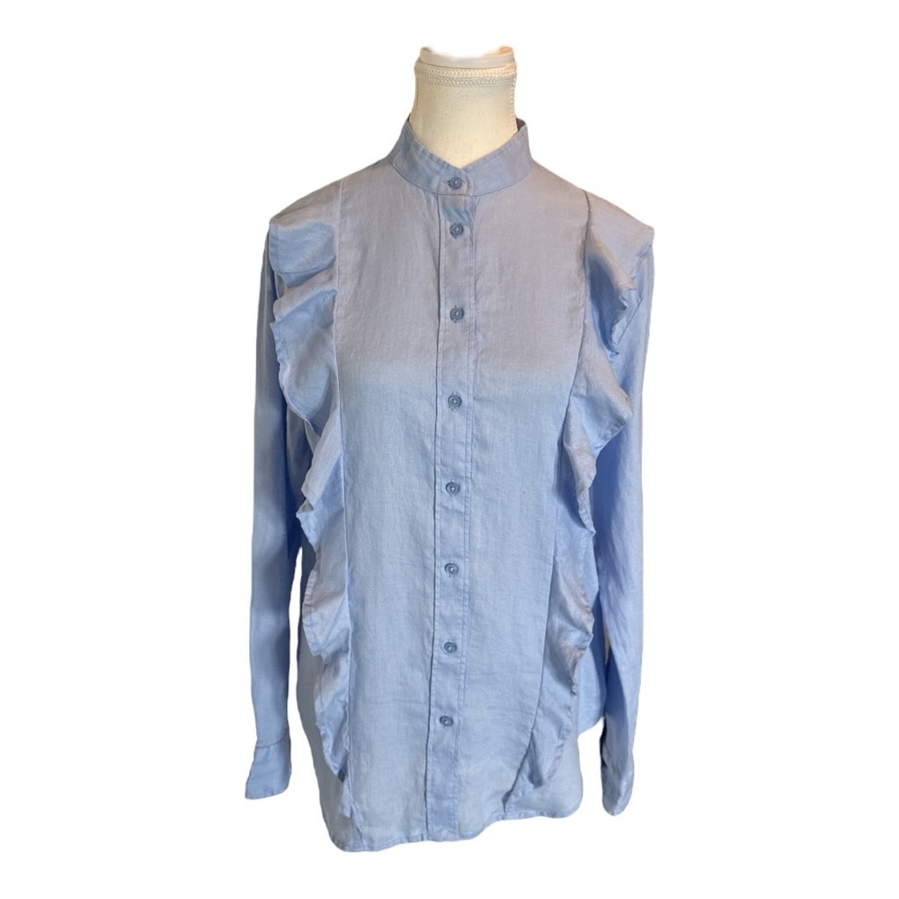Lauren Ralph Lauren Linen Ruffle Button Down Blouse Light Blue Coastal M Preppy - Picture 8 of 13